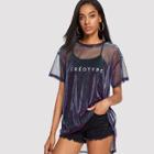 Shein Letter Print Iridescent Mesh Top With Cami