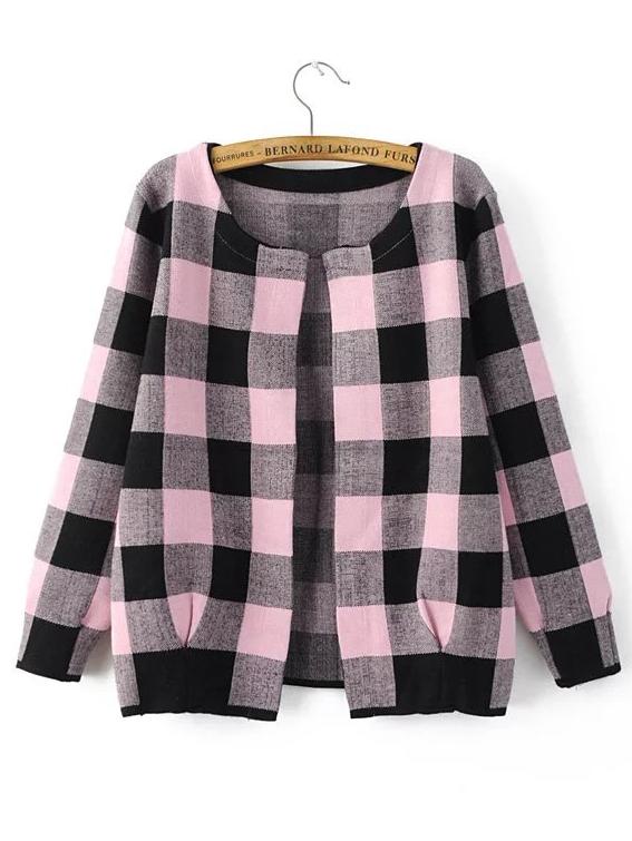 Shein Pink And Black Checkered Open Front Cardigan