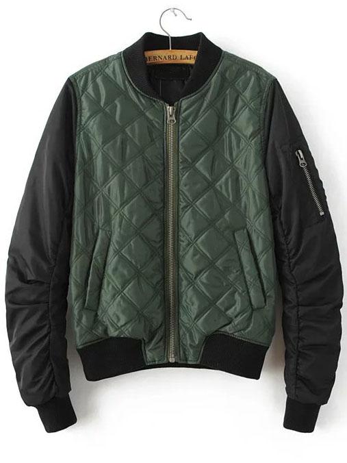 Shein Green Contrast Sleeve Quilted Padded Bomber Jacket With Zipper