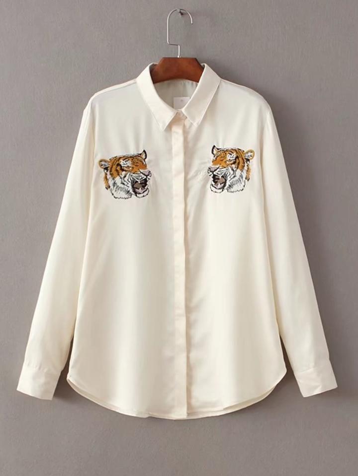 Shein Tiger Embroidery Curved Hem Blouse
