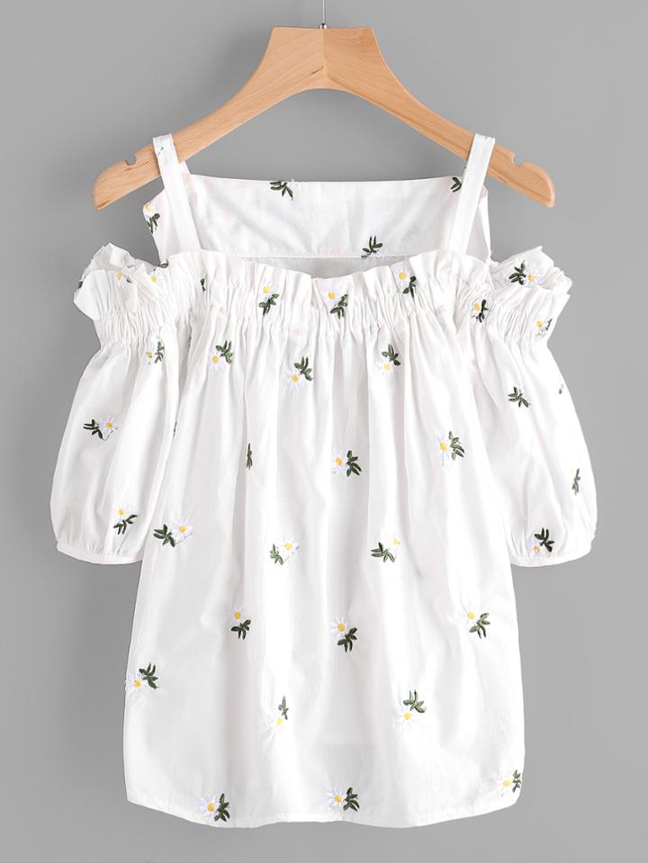 Shein Cold Shoulder Embroidered Frill Trim Top