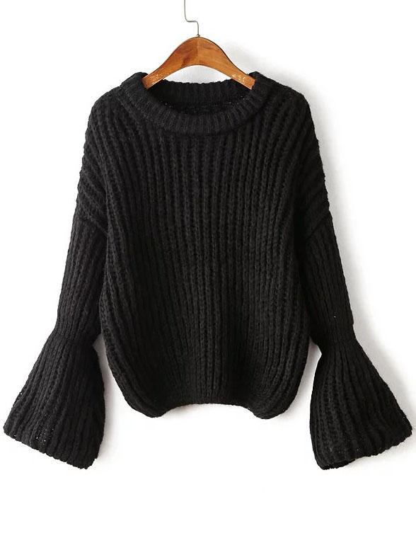 Shein Black Drop Shoulder Lantern Sleeve Oversized Sweater