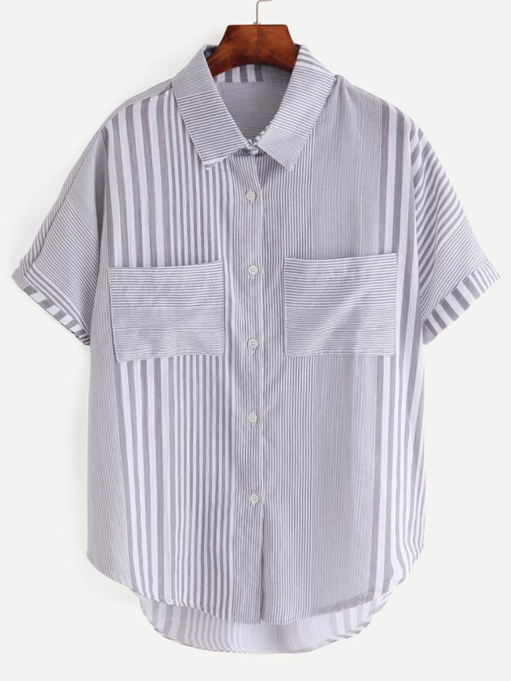Shein Grey Mixed Stripe Dual Pocket Blouse