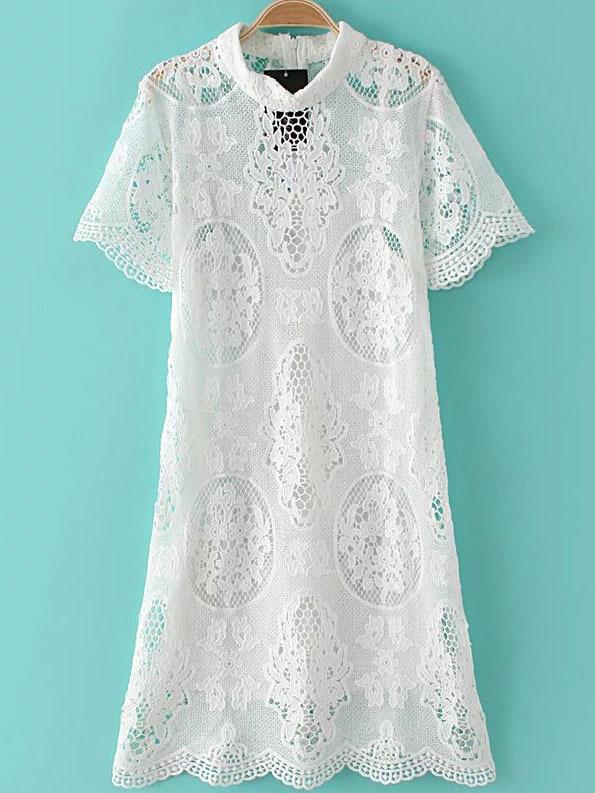 Shein White Mock Neck Zipper Back Hollow Lace Dress