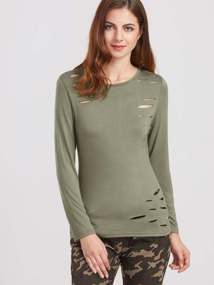 Shein Army Green Long Sleeve Ripped T-shirt