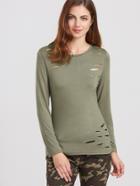 Shein Army Green Long Sleeve Ripped T-shirt