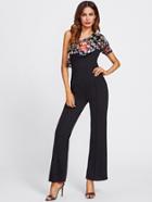 Shein Embroidery Mesh Layered Oblique Shoulder Jumpsuit