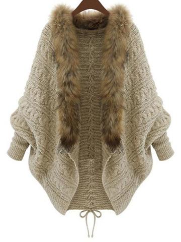 Shein Apricot Faux Fur Collar Lace Up Coat Sweater