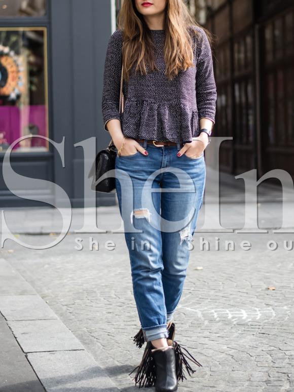 Shein Black Crew Neck Flounce Blouse