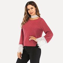 Shein Floral Lace Insert Ribbed Knit Top