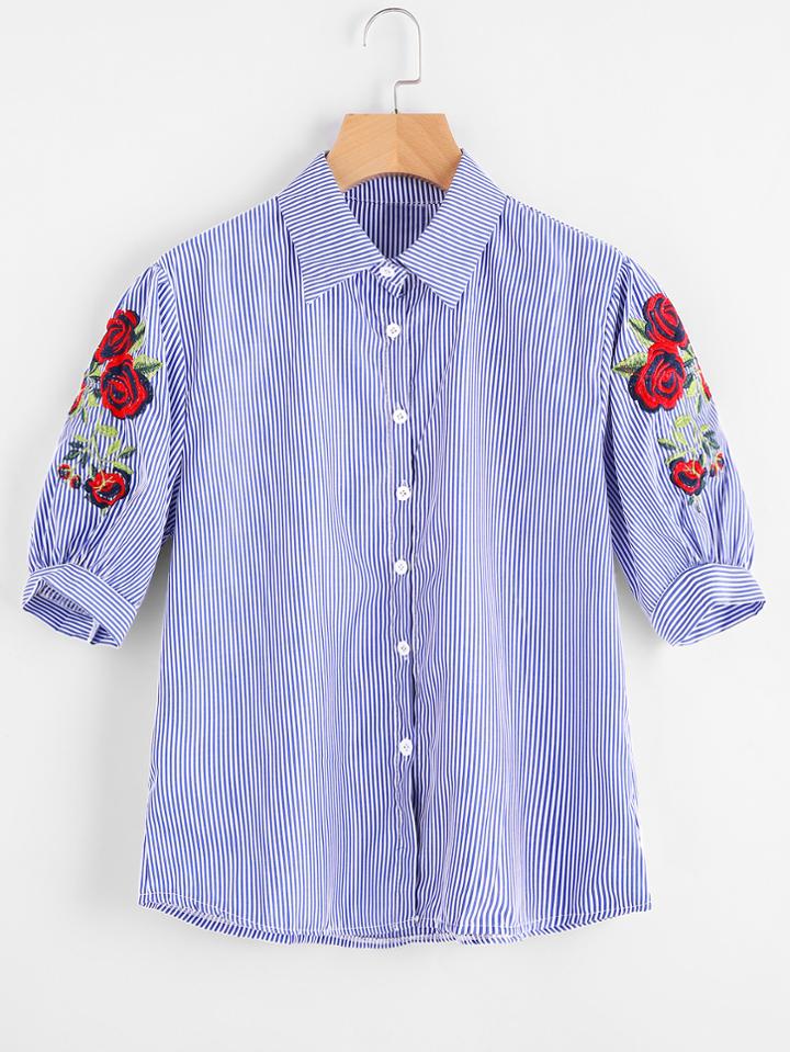 Shein Symmetrical Embroidered Puff Sleeve Shirt