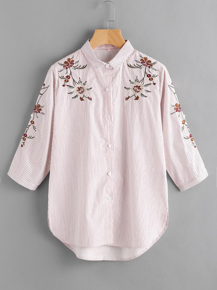 Shein Pinstripe Flower Embroidery Single Breasted Blouse