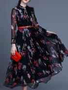 Shein Black Gauze Sleeve Belted Monkey Print Dress