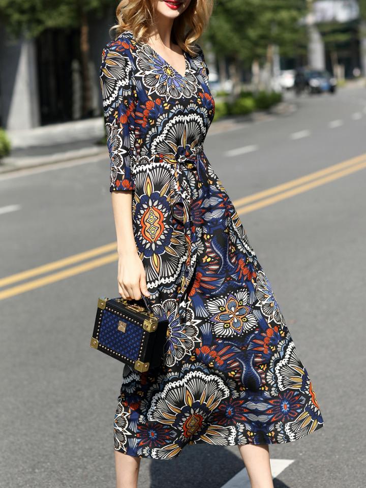 Shein Multicolor V Neck Pockets Tie-waist Print Dress