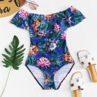 Shein Floral And Jungle Leaf Print Foldover Swimsuit