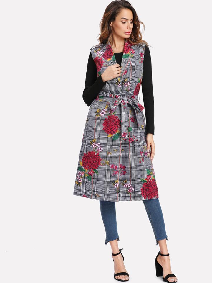 Shein Mixed Print Self Belted Longline Vest