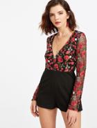 Shein Black Deep V Neck Embroidered Mesh Top Romper