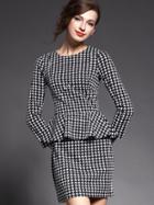 Shein Black Round Neck Long Sleeve Ruffle Houndstooth Dress