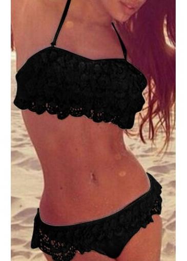 Rosewe Halter Neck Flouncing Decorated Black Bikini
