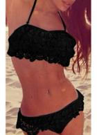 Rosewe Halter Neck Flouncing Decorated Black Bikini