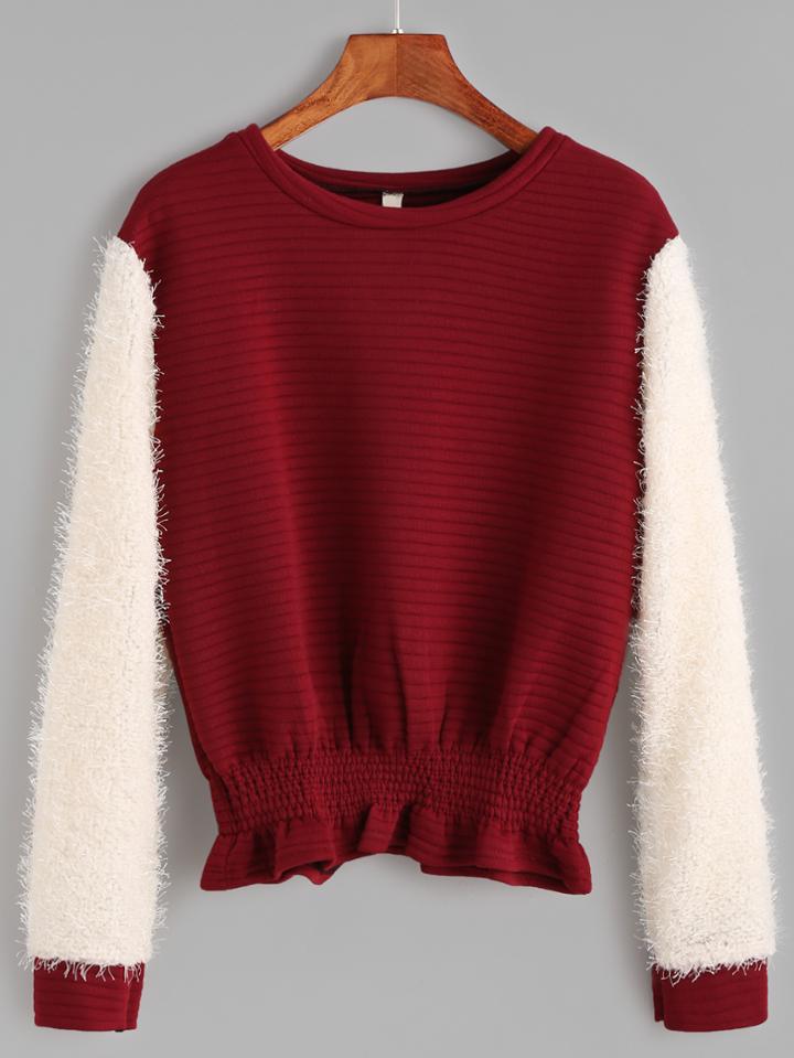 Shein Burgundy Contrast Fuzzy Sleeve Shirred Hem Ribbed Sweatshirt