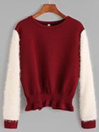 Shein Burgundy Contrast Fuzzy Sleeve Shirred Hem Ribbed Sweatshirt