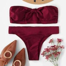 Shein Solid Knot Front Bandeau Bikini Set
