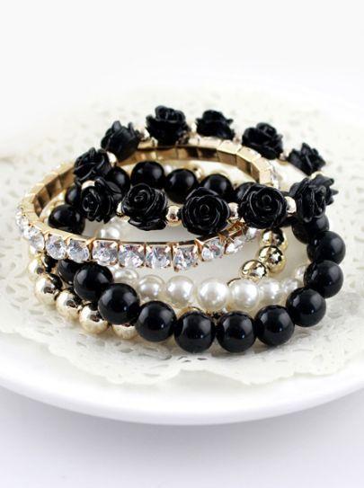Shein Black Gold Multilayer Bead Flower Bracelet