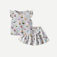 Shein Girls Boat Print Vest With Tie Waist Skirt
