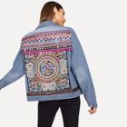 Shein National Style Floral Embroidered Ripped Denim Jacket