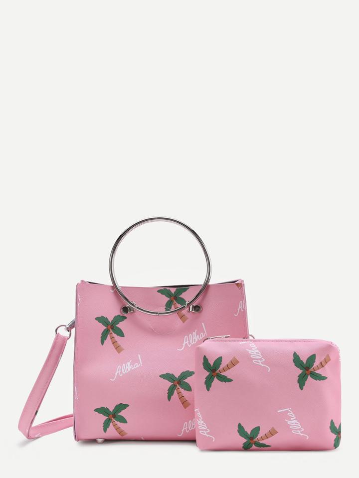 Shein Palm Tree Print Pu Shoulder Bag With Clutch