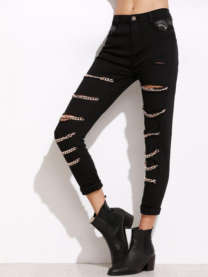 Shein Black Chain Embellished Ripped Pants