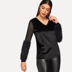 Shein Faux Fur Embellished Mesh Sleeve Velvet Top