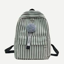 Shein Pom Pom Decor Striped Canvas Backpack