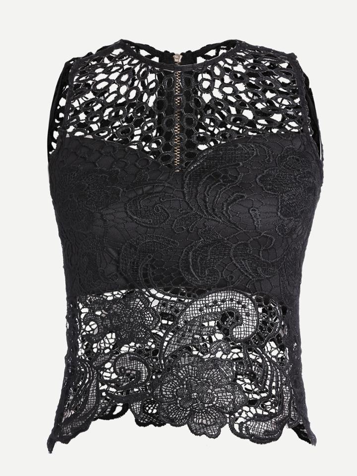 Shein Black Hollow Out Crochet Lace Zipper Back Top