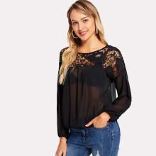 Shein Lace Yoke Sheer Blouson Top