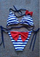 Rosewe Stripe Print Bow Decorated Halter Bikini