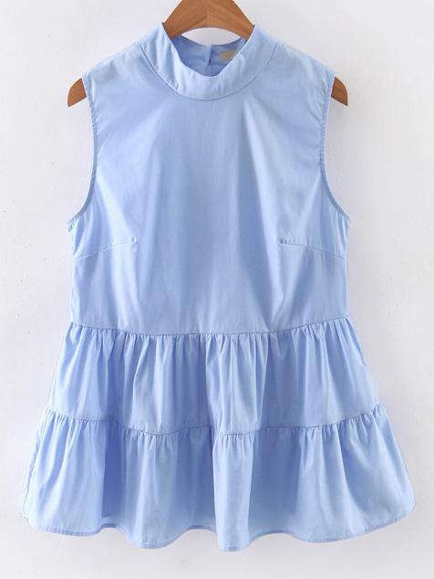 Shein Blue Mock Neck Sleeveless Bottons Back Blouse