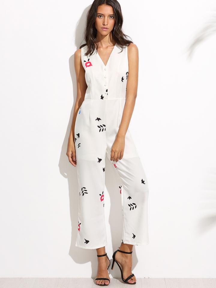 Shein White V Neck Cartoon Print Buttons Jumpsuit