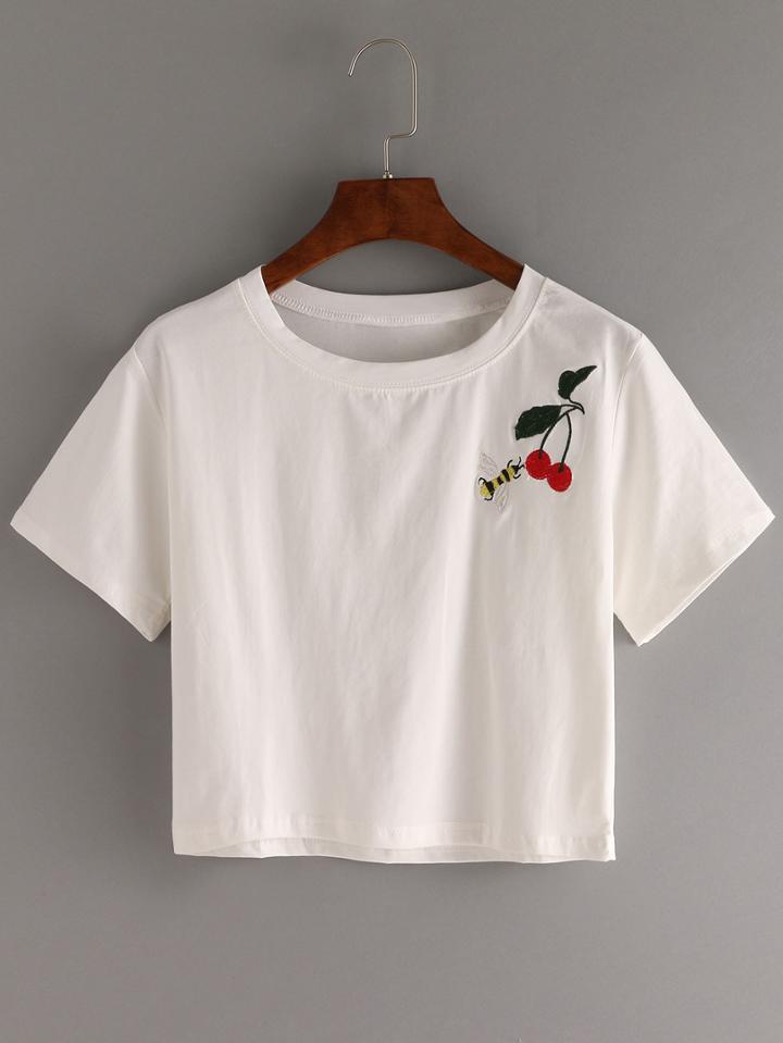 Shein Bee & Cherry Embroidered Crop T-shirt - White