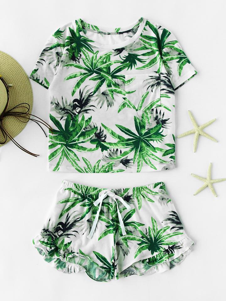 Shein Tropical Print Crop Tee And Ruffle Drawstring Shorts Set