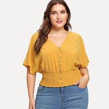 Shein Plus Batwing Sleeve Shirred Hem Button Up Blouse