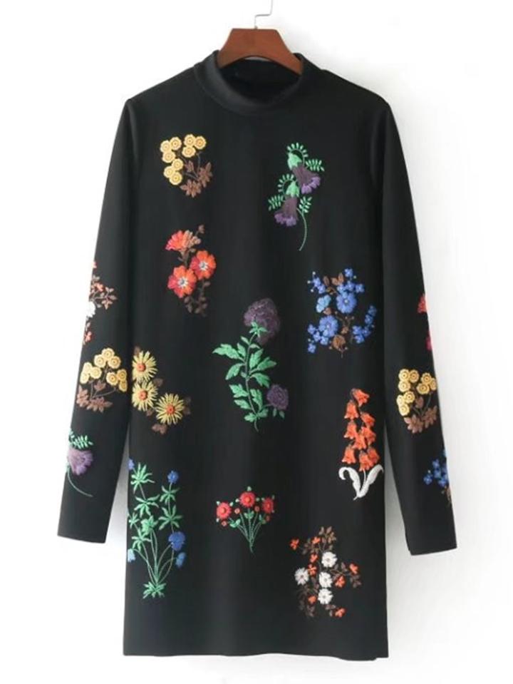 Shein Flower Embroidery Mock Neck Dress