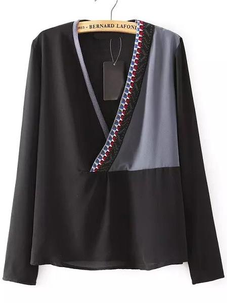 Shein Black Color Block Embroidered Tape Detail Blouse