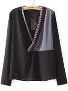 Shein Black Color Block Embroidered Tape Detail Blouse