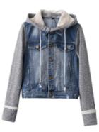 Shein Blue Contrast Sleeve Drawstring Hooded Denim Jacket