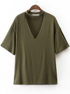 Shein Army Green Choker V Neck Casual T-shirt