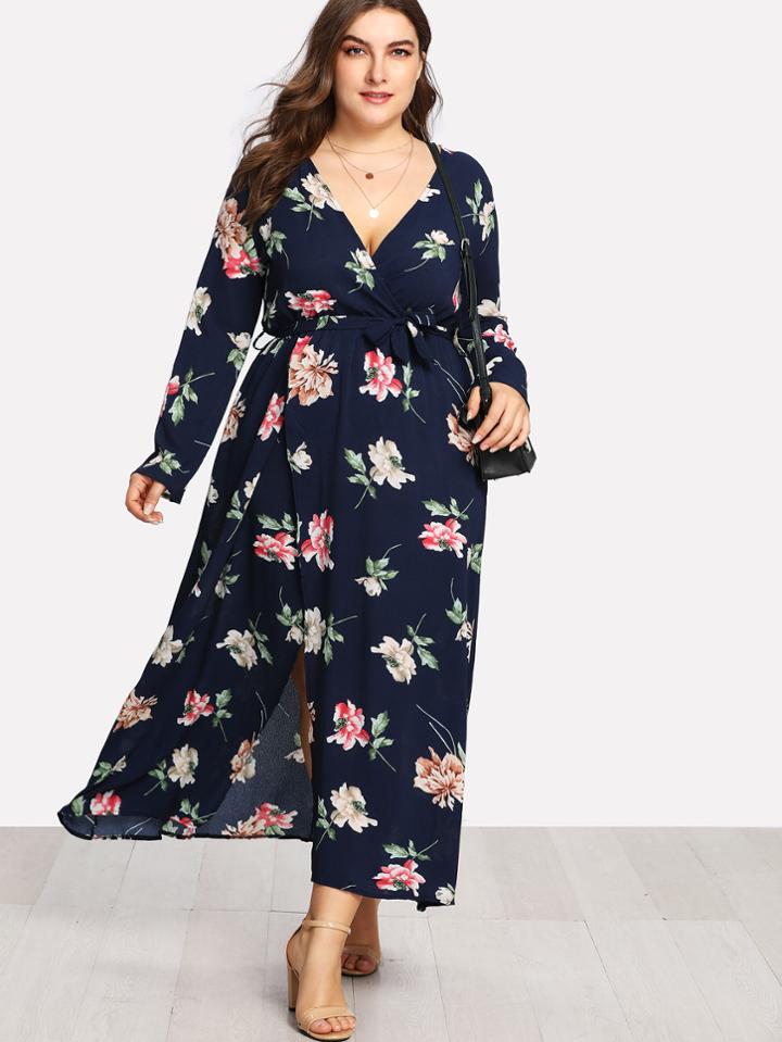 Shein Floral Print Self Tie Wrap Dress
