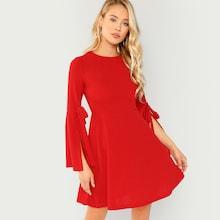 Shein Split Bell Sleeve Pleated Solid Dress