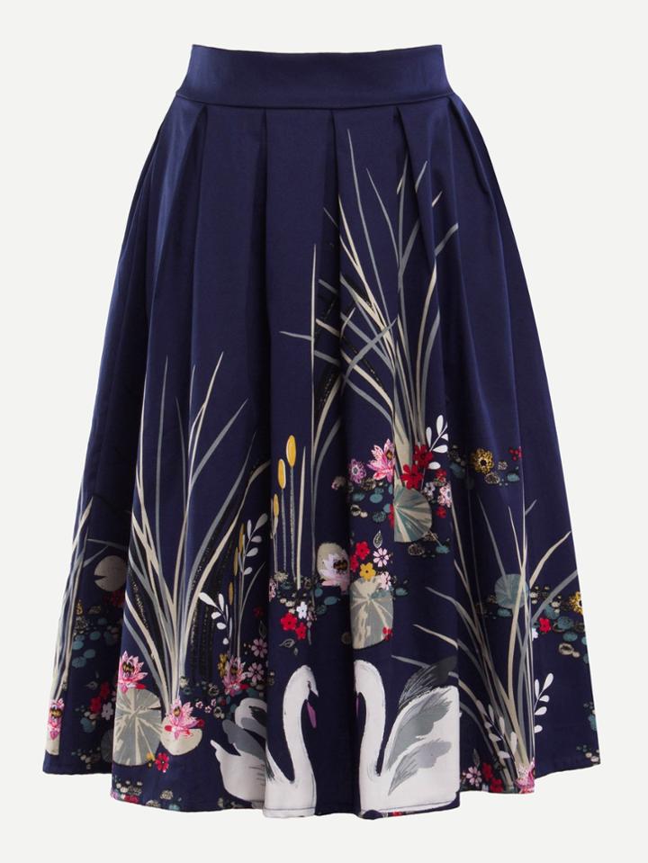 Shein Floral Print Zip Up Pleated Skirt